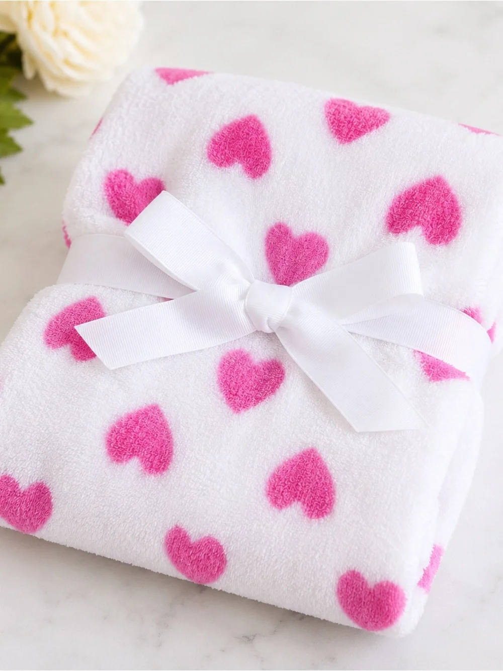 White Plush Blanket with Pink Heart Print